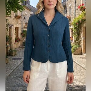 J Jill Jacket Womens 10P Blue Button Up Shacket Linen Blend Metallic Lightweight